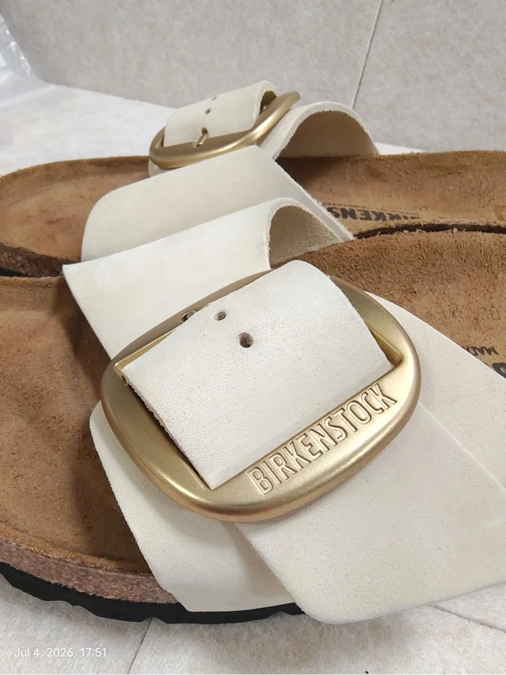 New Birkenstock White Sandals with Gold Buckles